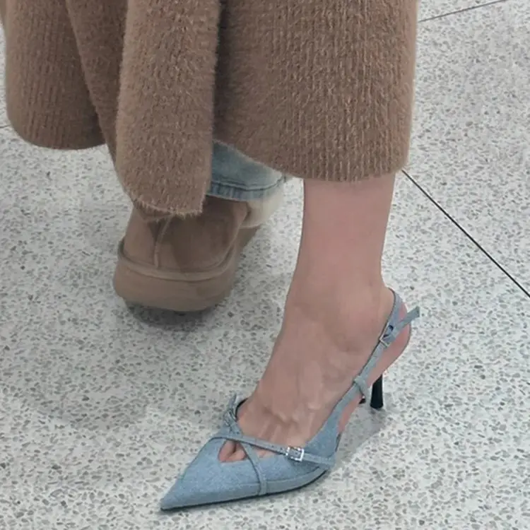 Women's Pointed Toe Stiletto Denim Sandals Summer