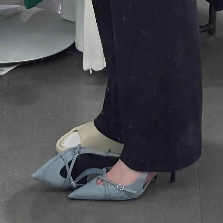 Women's Pointed Toe Stiletto Denim Sandals Summer