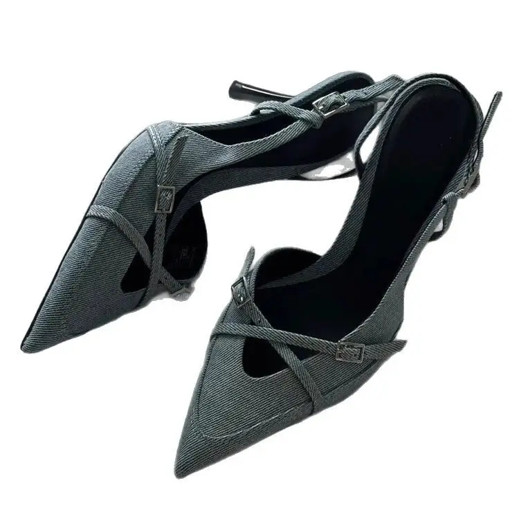 Women's Pointed Toe Stiletto Denim Sandals Summer