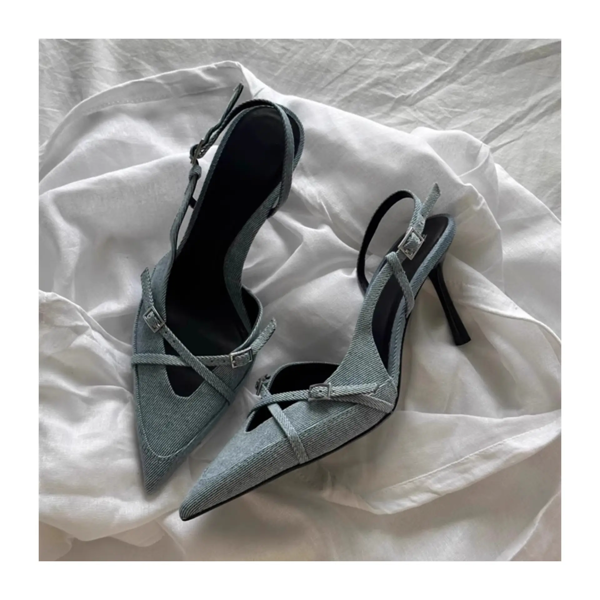 Women's Pointed Toe Stiletto Denim Sandals Summer — feature 11