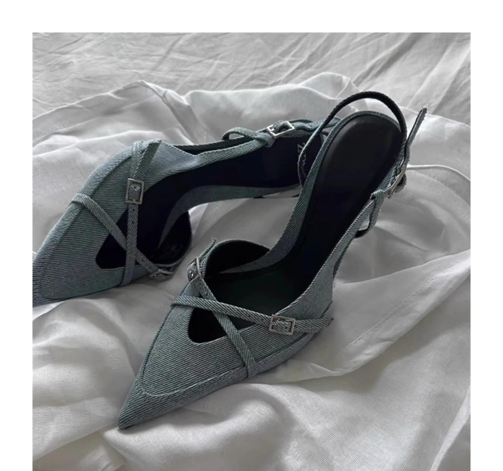 Women's Pointed Toe Stiletto Denim Sandals Summer — feature 9