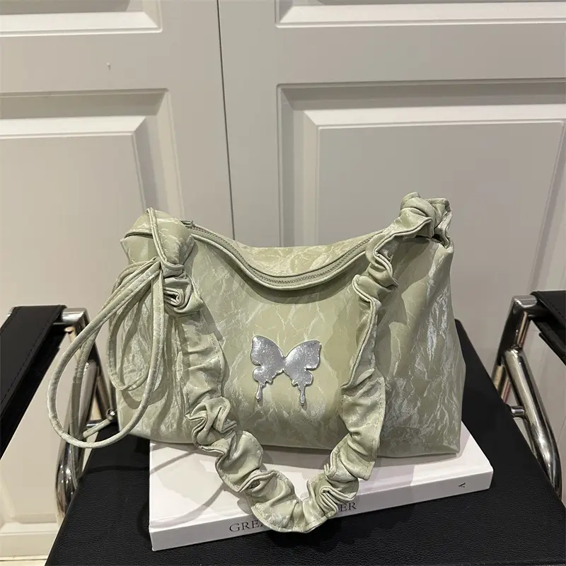 Green Pleated Shoulder Bag with Butterfly Design