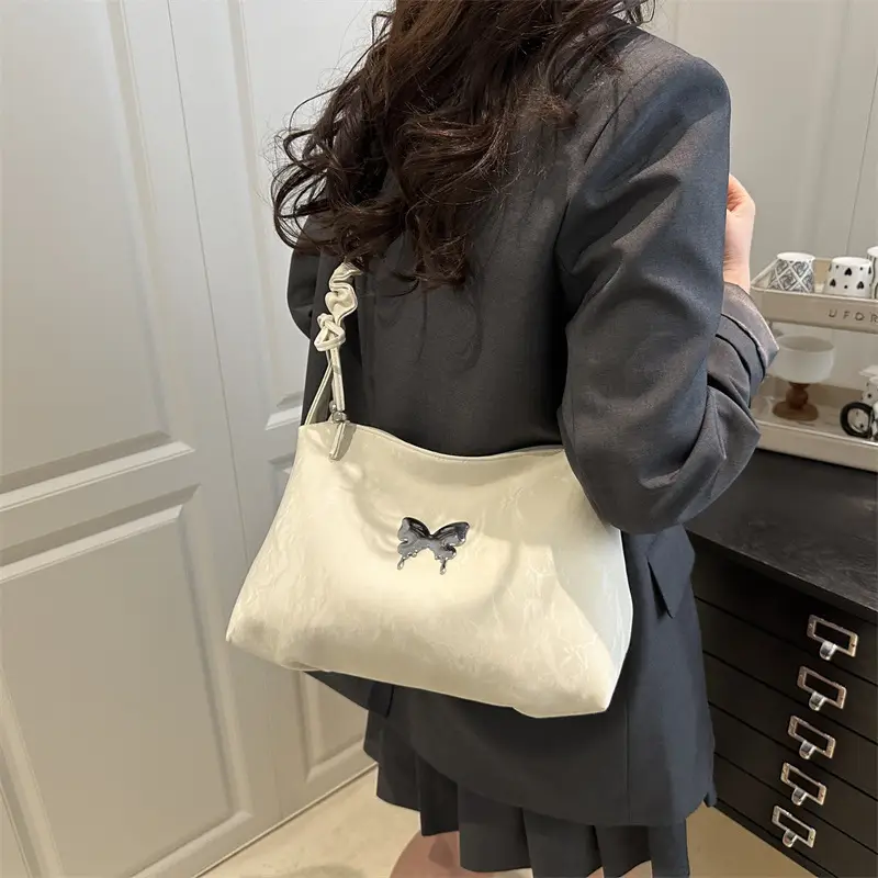 Green Pleated Shoulder Bag with Butterfly Design
