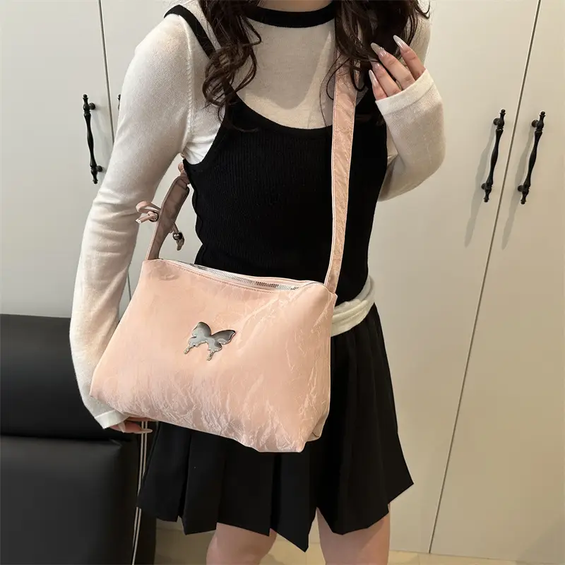 Green Pleated Shoulder Bag with Butterfly Design