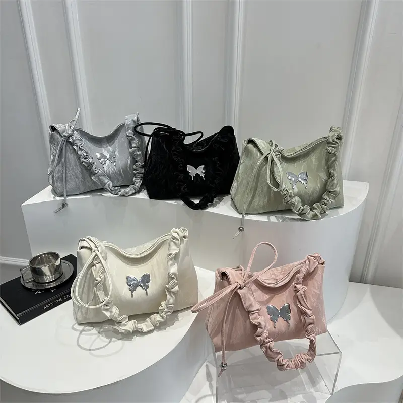 Green Pleated Shoulder Bag with Butterfly Design