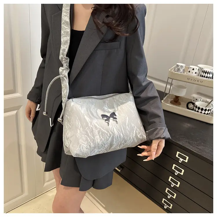 Green Pleated Shoulder Bag with Butterfly Design — feature 11