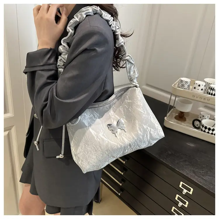 Green Pleated Shoulder Bag with Butterfly Design — feature 12