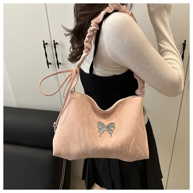 Green Pleated Shoulder Bag with Butterfly Design — feature 15