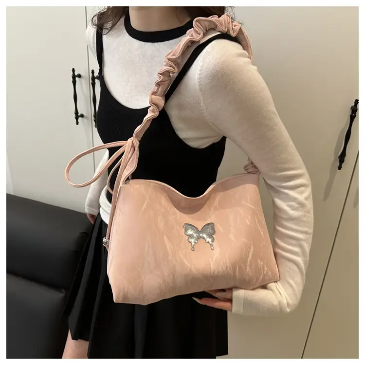 Green Pleated Shoulder Bag with Butterfly Design — feature 16