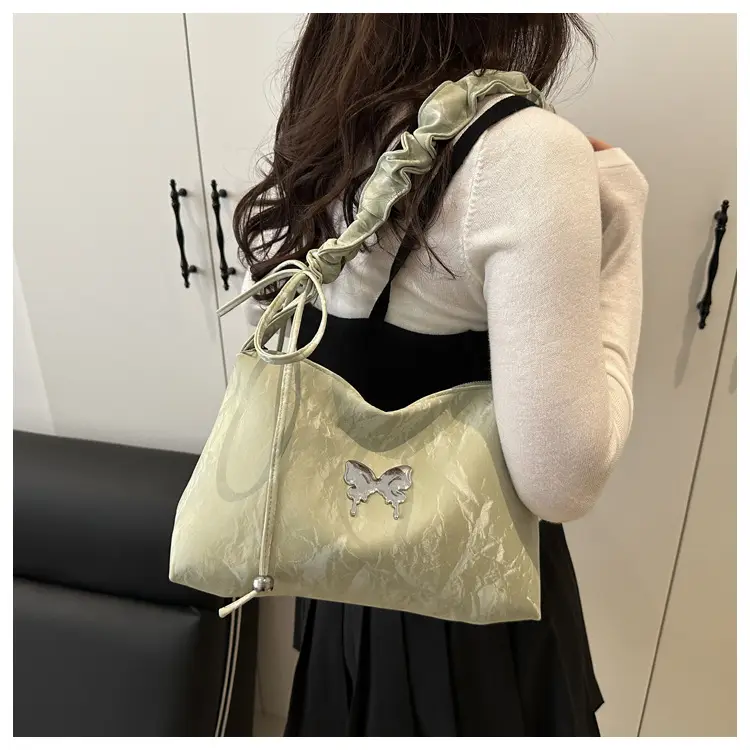 Green Pleated Shoulder Bag with Butterfly Design — feature 18