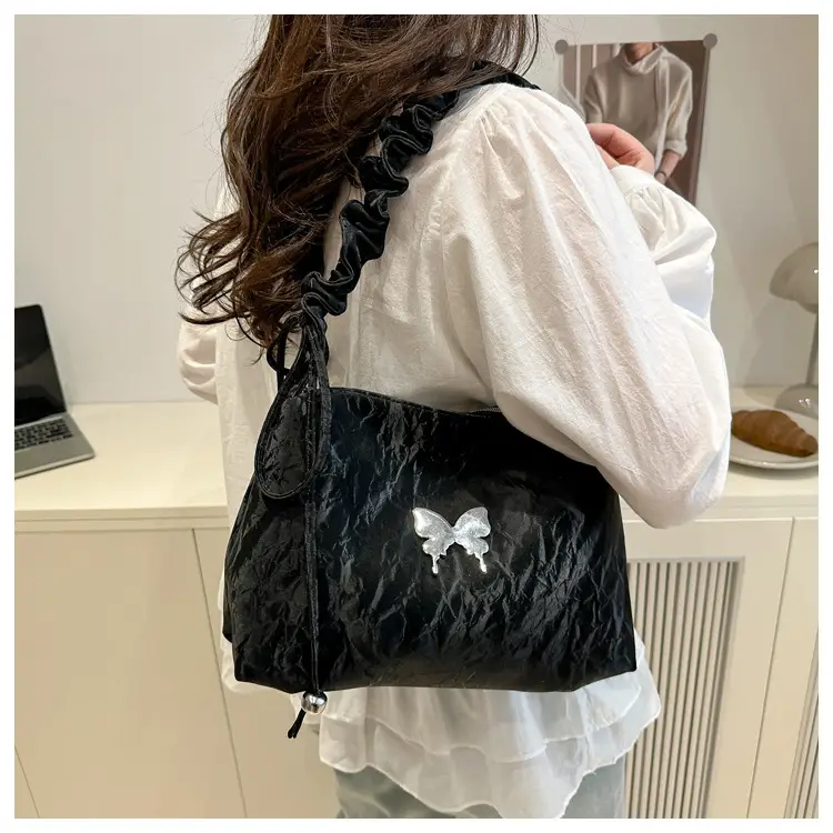 Green Pleated Shoulder Bag with Butterfly Design — feature 19