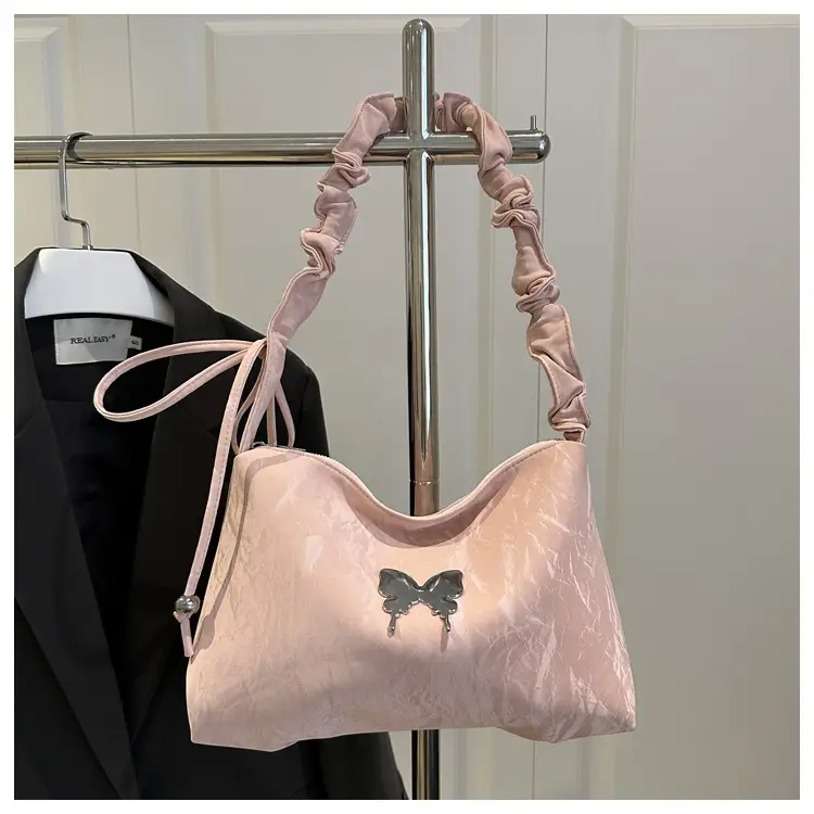 Green Pleated Shoulder Bag with Butterfly Design — feature 21