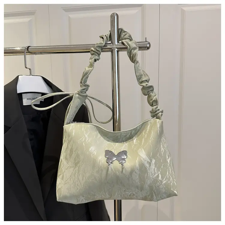 Green Pleated Shoulder Bag with Butterfly Design — feature 22