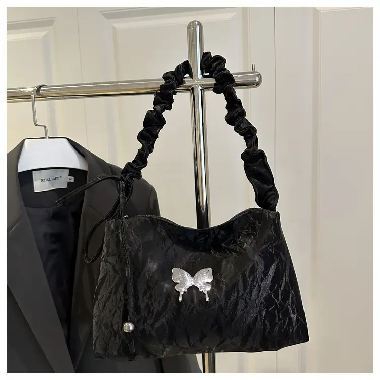 Green Pleated Shoulder Bag with Butterfly Design — feature 25