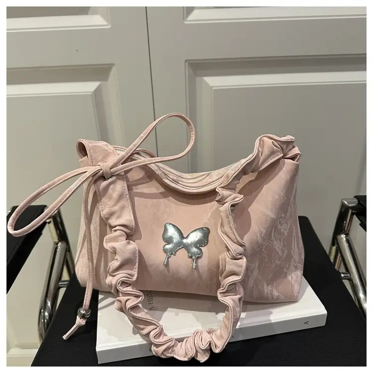 Green Pleated Shoulder Bag with Butterfly Design — feature 26