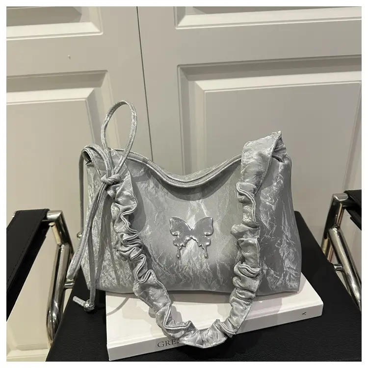 Green Pleated Shoulder Bag with Butterfly Design — feature 29