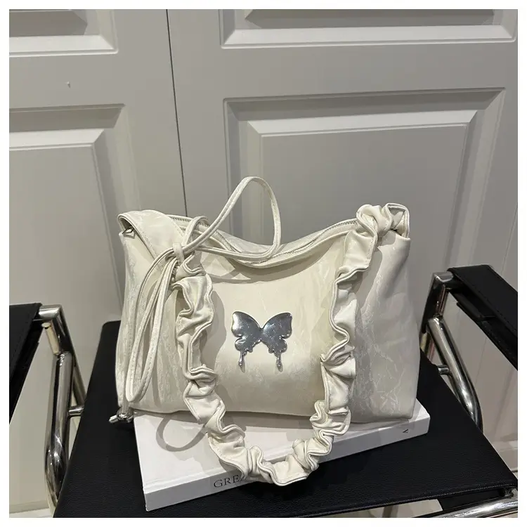 Green Pleated Shoulder Bag with Butterfly Design