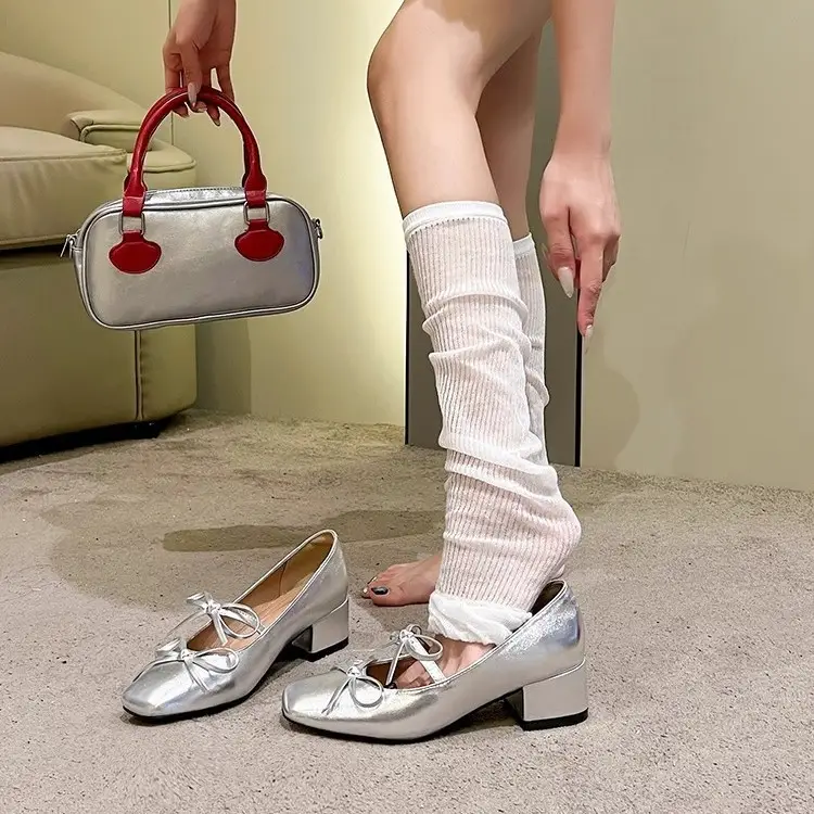 Silver Square-Toe Bowknot Chunky Heel French-Style Mary Jane Shoes, Fashionable and Elegant, Suitable for Pairing with Dresses, Women's New Model for 2026 - Image 4