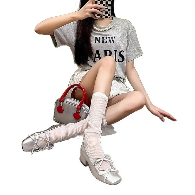 Silver Square-Toe Bowknot Chunky Heel French-Style Mary Jane Shoes, Fashionable and Elegant, Suitable for Pairing with Dresses, Women's New Model for 2026 - Image 7