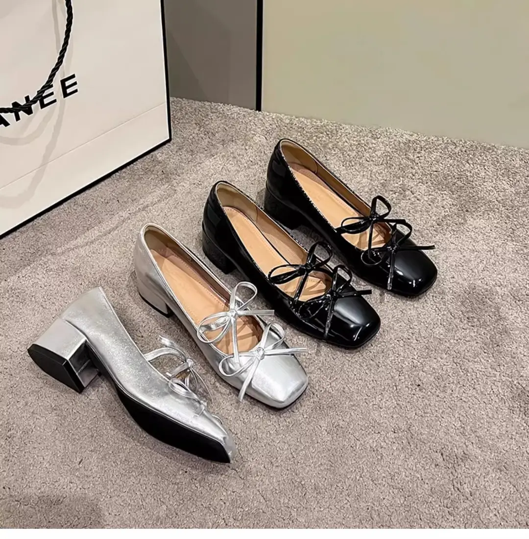 Silver Square-Toe Bowknot Chunky Heel French-Style Mary Jane Shoes, Fashionable and Elegant, Suitable for Pairing with Dresses, Women's New Model for 2026 — feature 7
