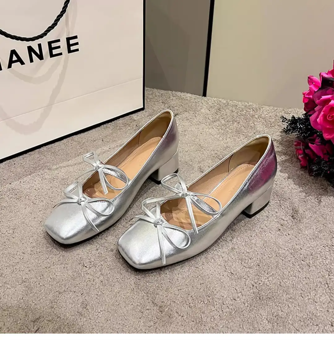 Silver Square-Toe Bowknot Chunky Heel French-Style Mary Jane Shoes, Fashionable and Elegant, Suitable for Pairing with Dresses, Women's New Model for 2026 — feature 8