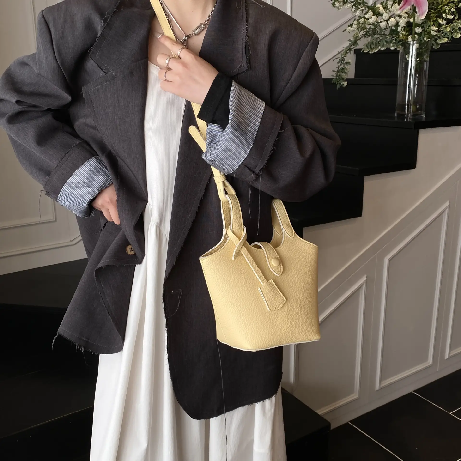 Women's Soft Leather Bucket Bag Beige Shoulder Crossbody - Image 7