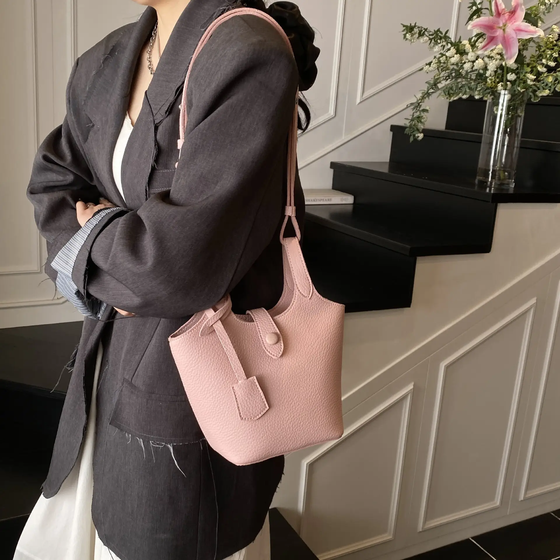 Women's Soft Leather Bucket Bag Beige Shoulder Crossbody - Image 8