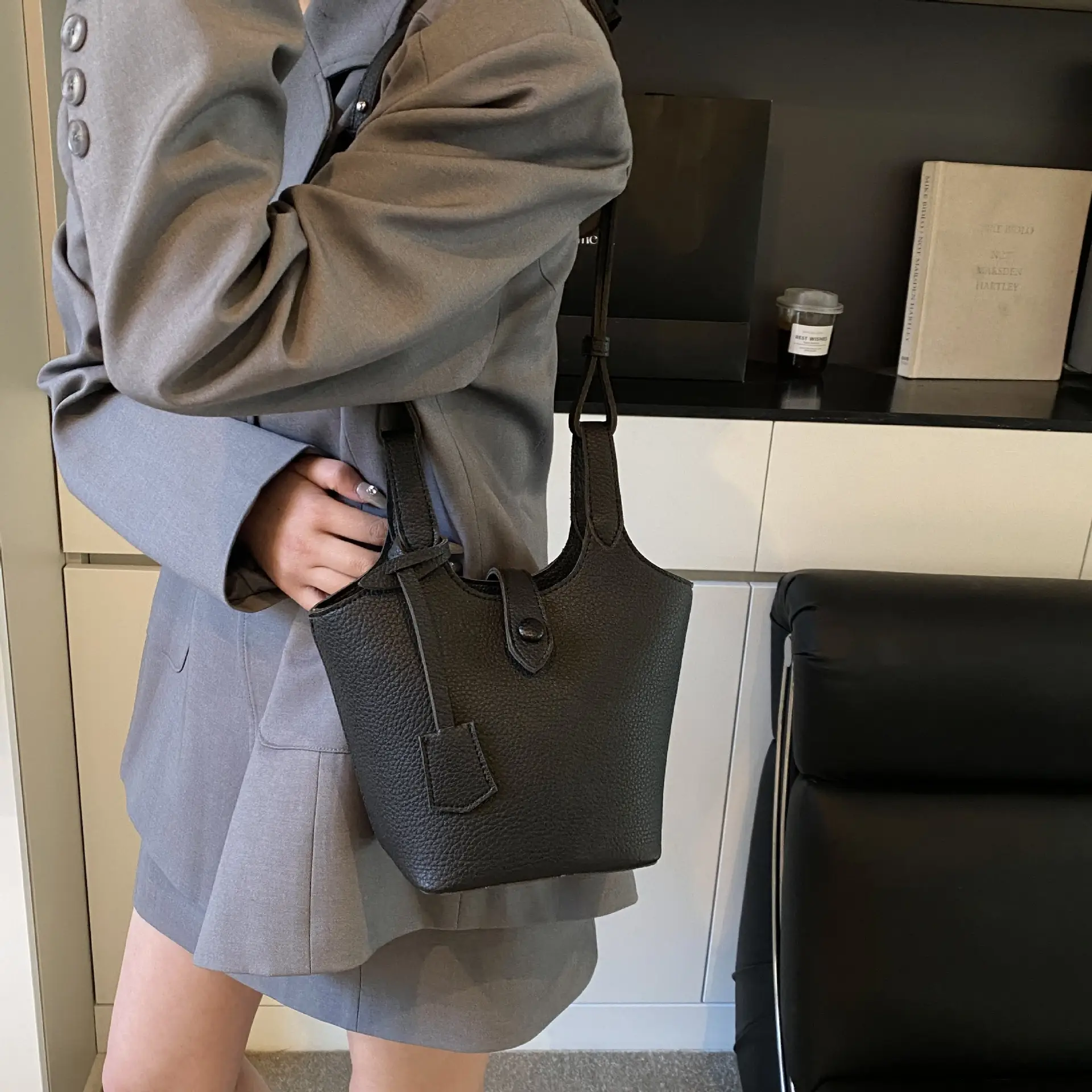 Women's Soft Leather Bucket Bag Beige Shoulder Crossbody - Image 9