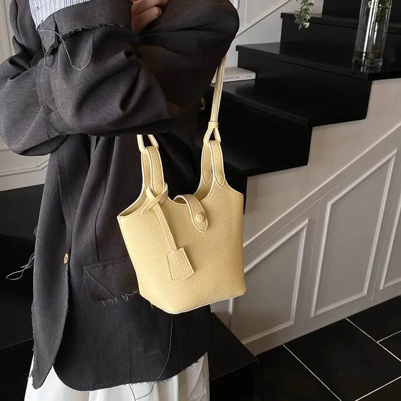 Women's Soft Leather Bucket Bag Beige Shoulder Crossbody - Image 3