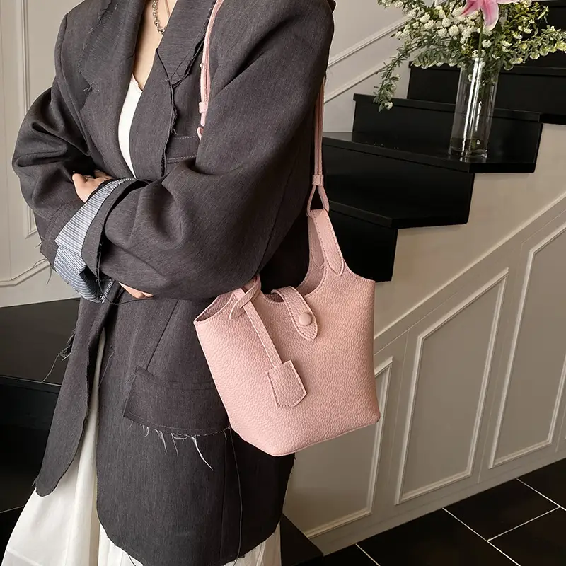 Women's Soft Leather Bucket Bag Beige Shoulder Crossbody - Image 4