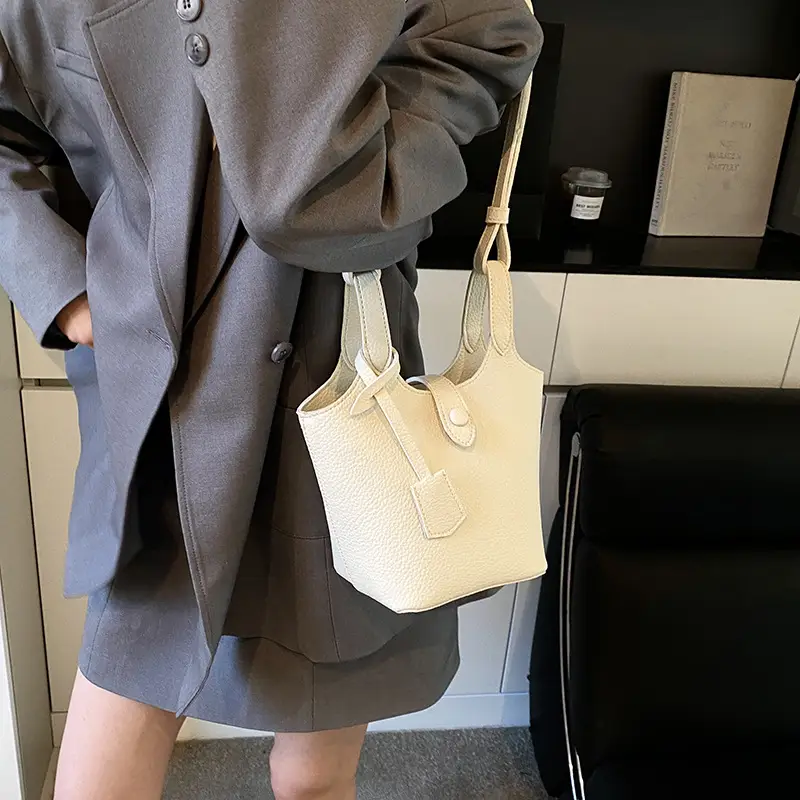 Women's Soft Leather Bucket Bag Beige Shoulder Crossbody - Image 5