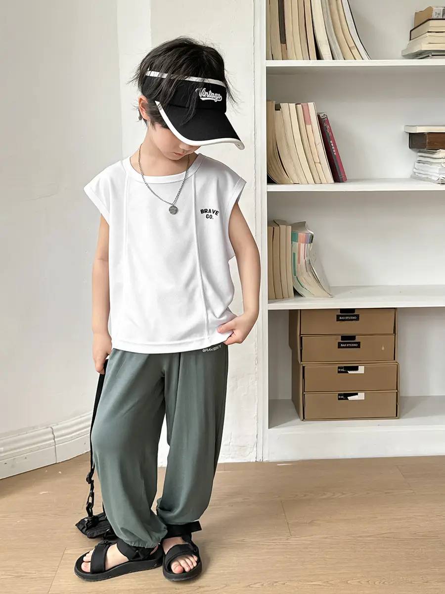 Boys Mesh Sleeveless Vest T-Shirt White Korean Style