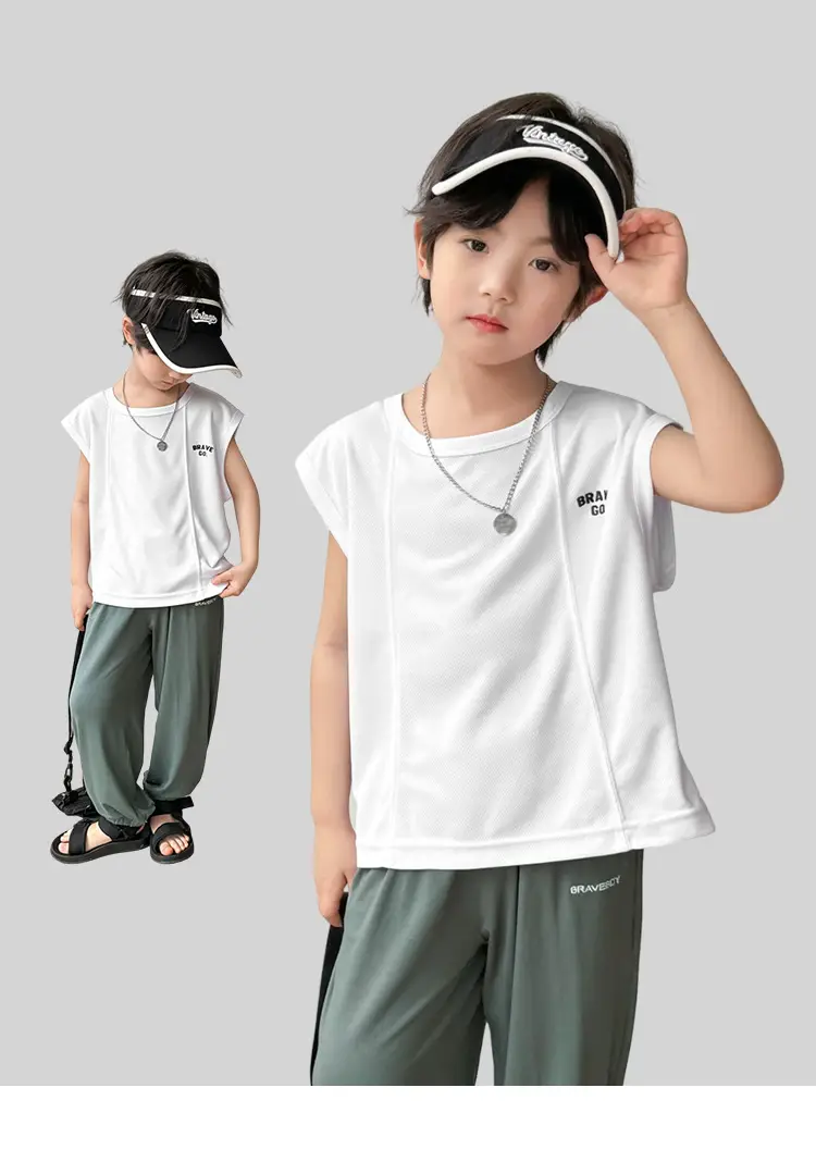 Boys Mesh Sleeveless Vest T-Shirt White Korean Style — feature 2
