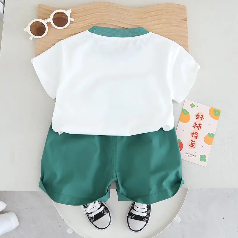 2-Piece Cartoon Print Boys Summer Cotton Suit Green White - Image 6