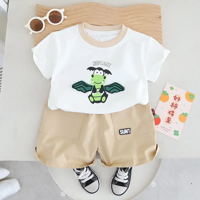 2-Piece Cartoon Print Boys Summer Cotton Suit Green White — feature 1