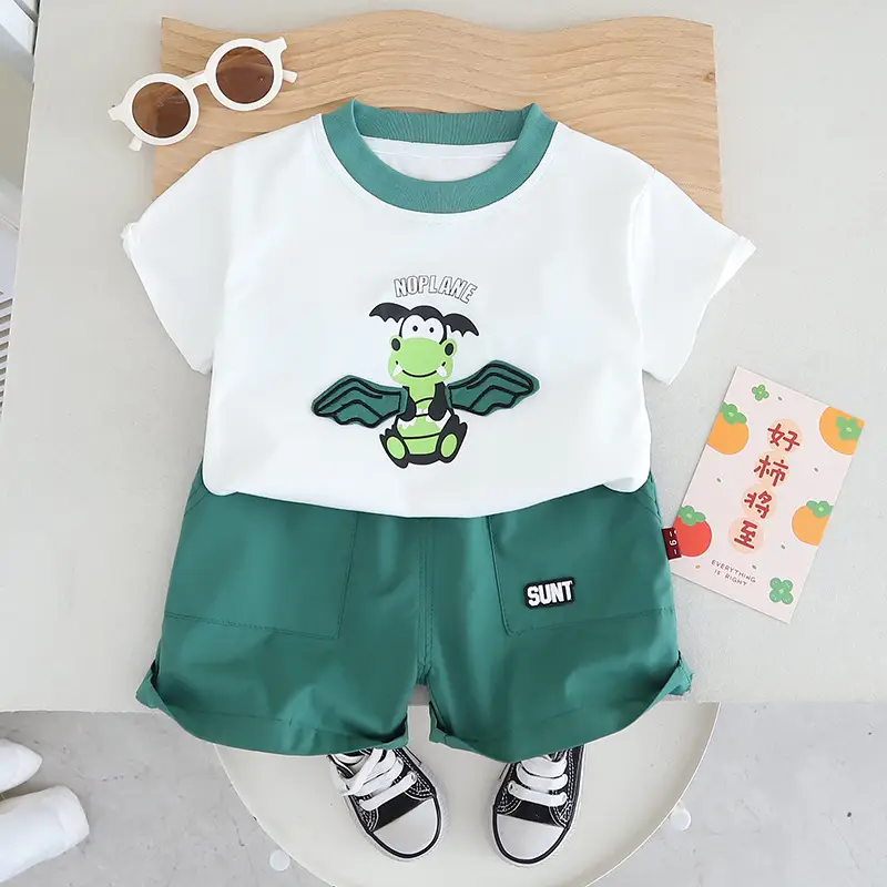 2-Piece Cartoon Print Boys Summer Cotton Suit Green White - Image 2