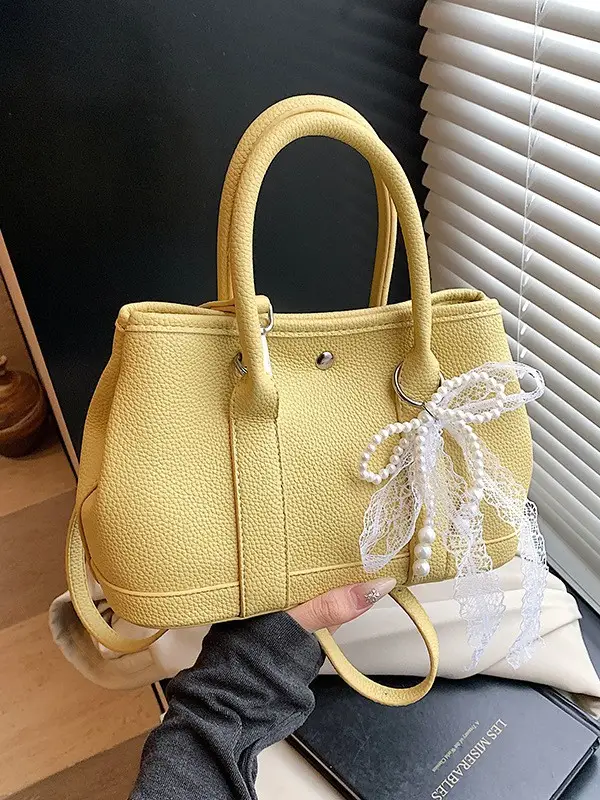 Yellow Leather Shoulder Crossbody Bag with Lace Trim - Image 21