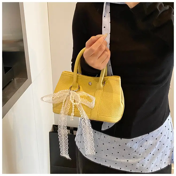 Yellow Leather Shoulder Crossbody Bag with Lace Trim — feature 10