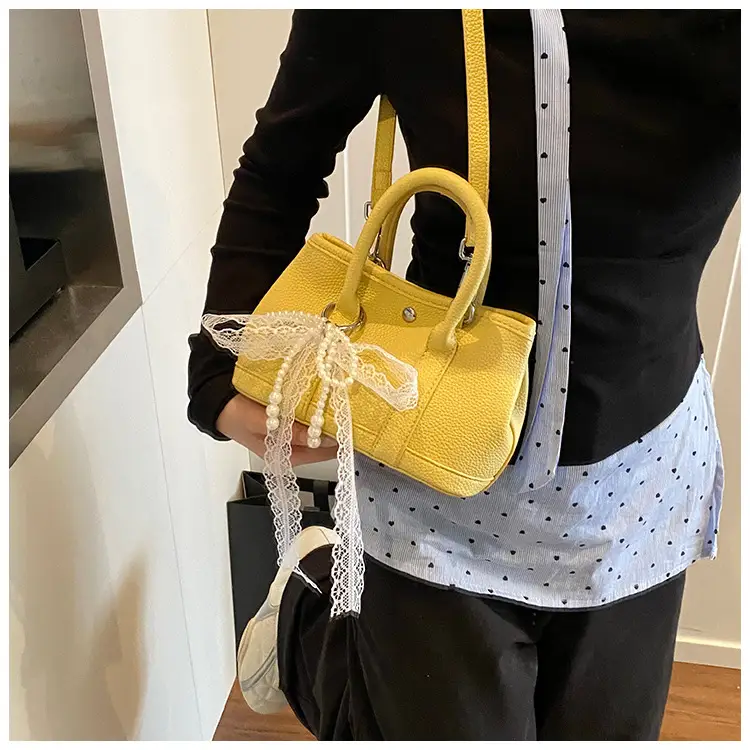 Yellow Leather Shoulder Crossbody Bag with Lace Trim — feature 11