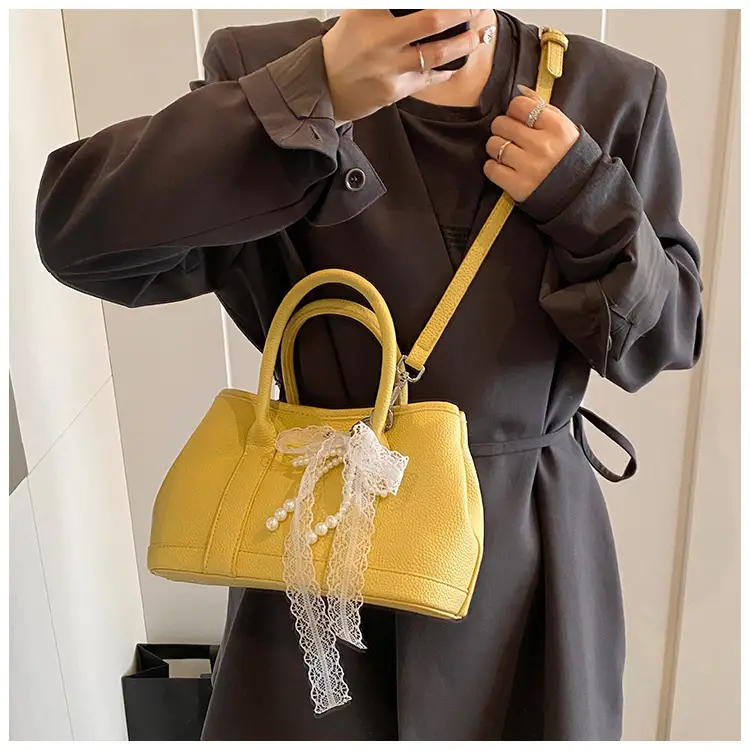 Yellow Leather Shoulder Crossbody Bag with Lace Trim — feature 12