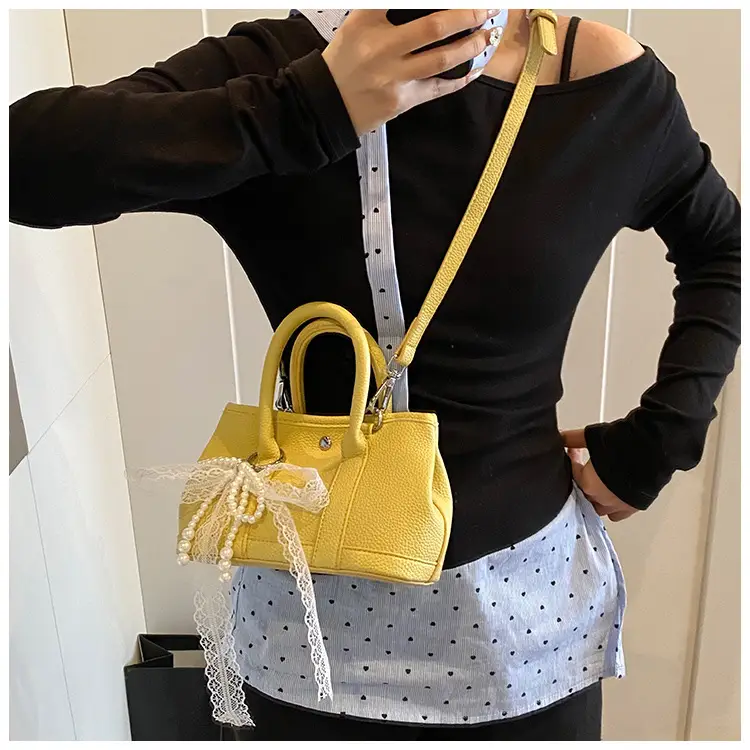 Yellow Leather Shoulder Crossbody Bag with Lace Trim — feature 13