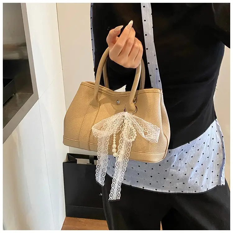 Yellow Leather Shoulder Crossbody Bag with Lace Trim — feature 14
