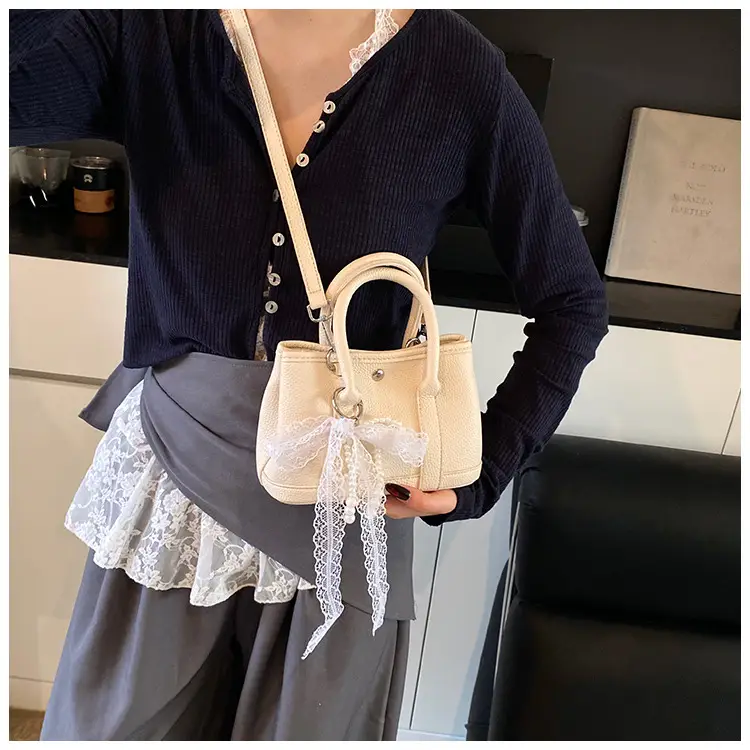 Yellow Leather Shoulder Crossbody Bag with Lace Trim — feature 19