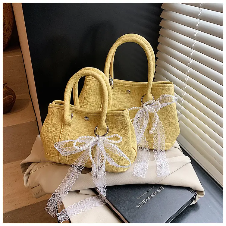 Yellow Leather Shoulder Crossbody Bag with Lace Trim — feature 30