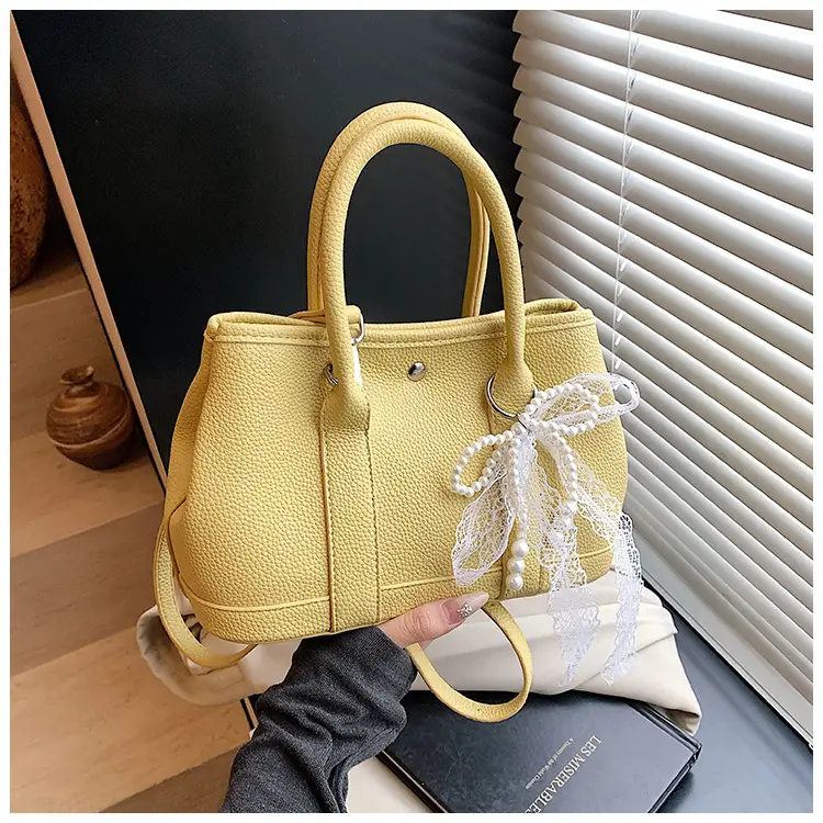 Yellow Leather Shoulder Crossbody Bag with Lace Trim — feature 32