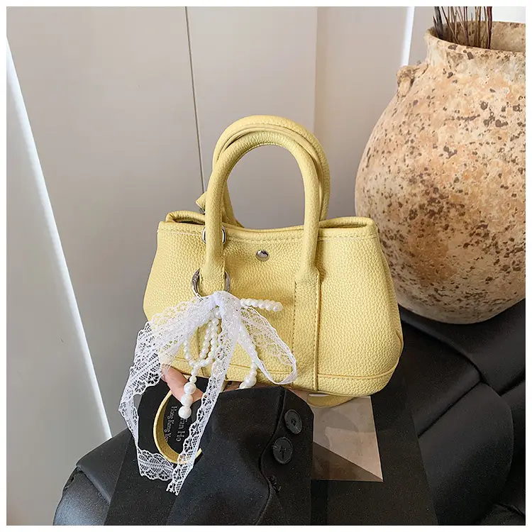 Yellow Leather Shoulder Crossbody Bag with Lace Trim — feature 33