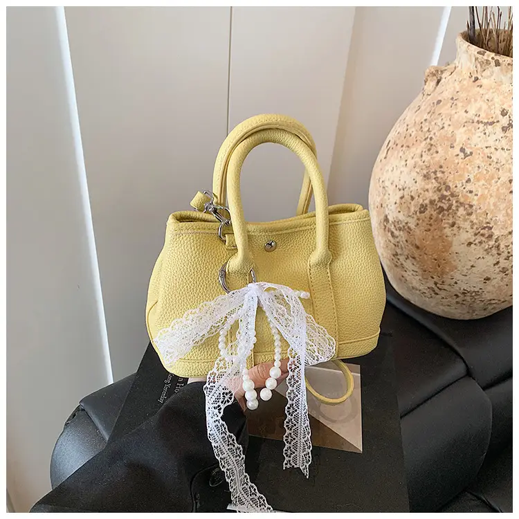Yellow Leather Shoulder Crossbody Bag with Lace Trim — feature 34