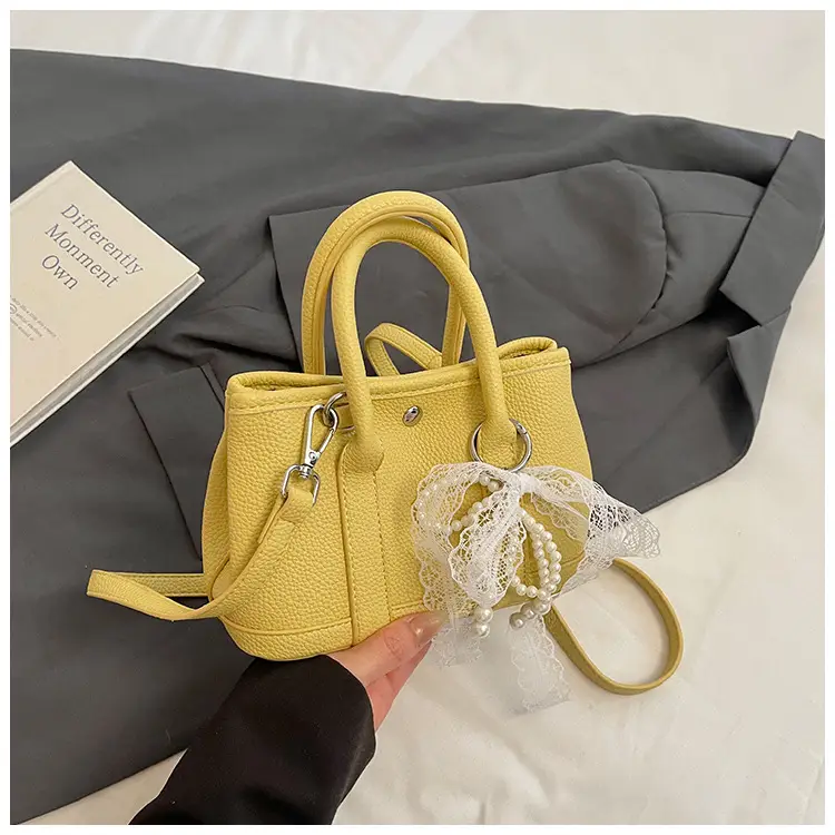 Yellow Leather Shoulder Crossbody Bag with Lace Trim - Image 11