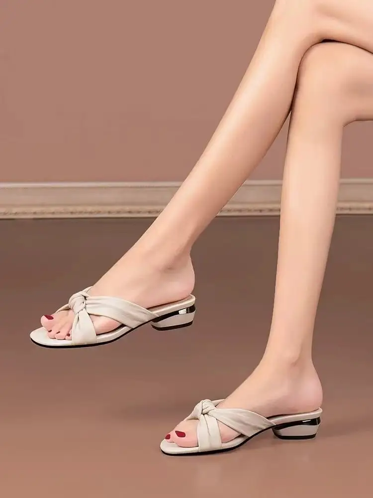 Women's Slide Slide Slippers with Skirt for Going Out 2025 Summer Fashion Fairy Style All-match Open Toe Low Heel Sandals — feature 4