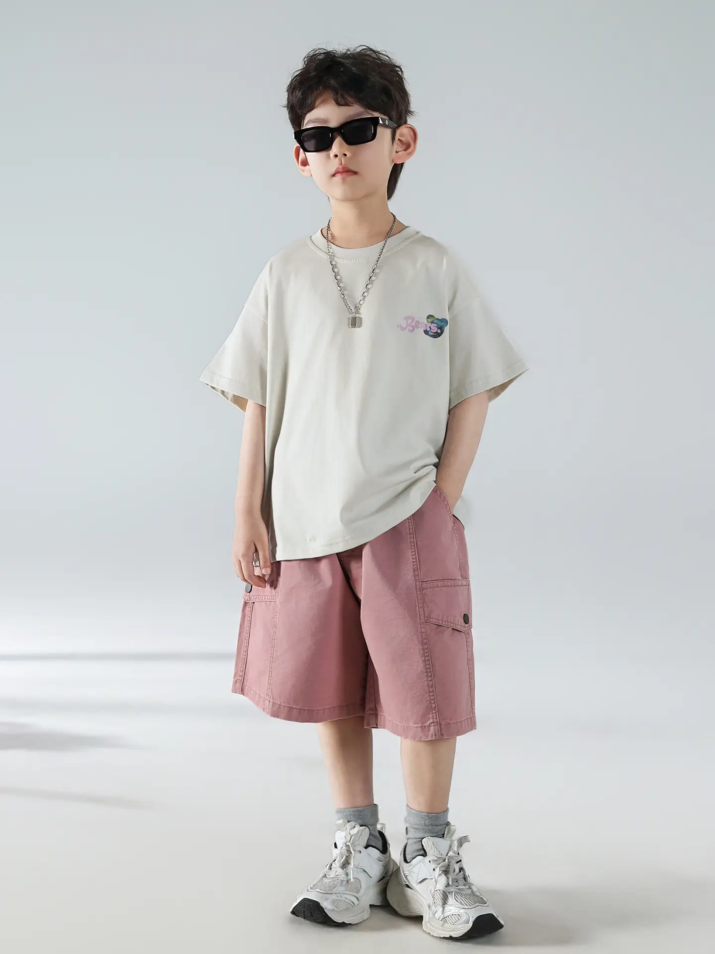 Boys Summer Printed T-Shirt Shorts Set White Pink - Image 4